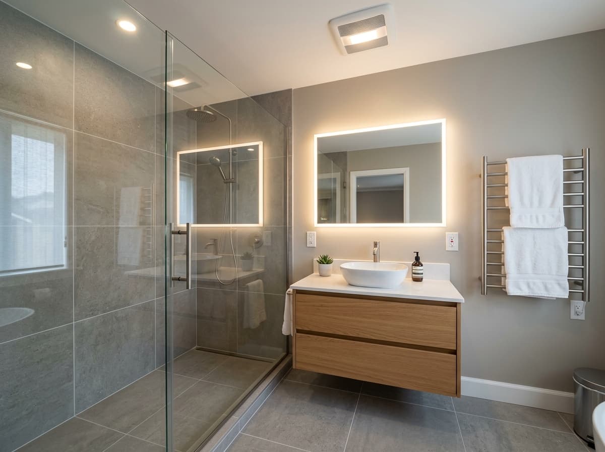 Walk-in shower with floating vanity
