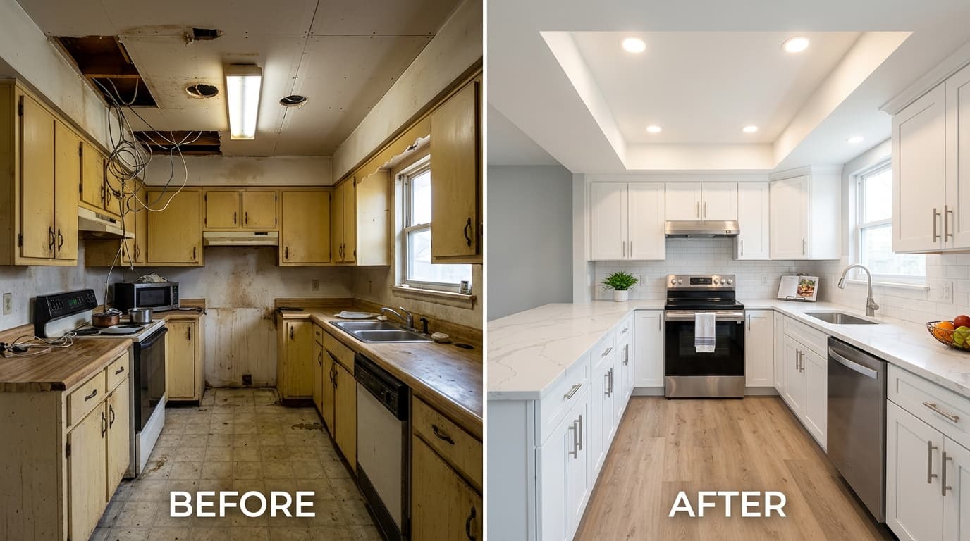 Kitchen remodel with new cabinets, counters, and flooring