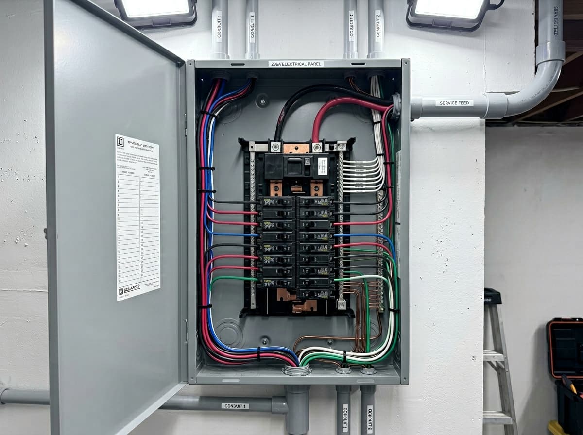 200-amp panel with color-coded wiring