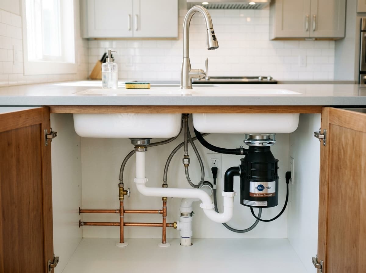 Under-sink plumbing with copper and PVC lines